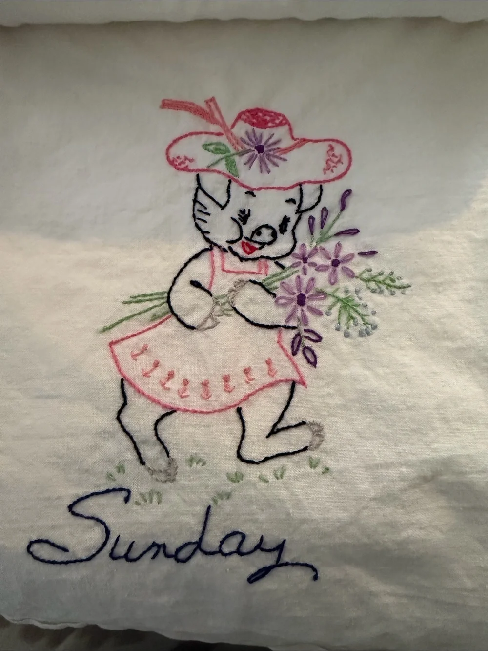 Embroidered Piglet Wheelbarrow Accent - White Fabric